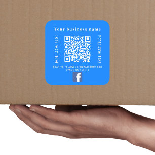 Business name bright blue qr code Facebook Square Sticker