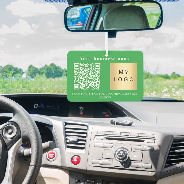 Business name bright green logo qr code car air freshener (Creator Uploaded)