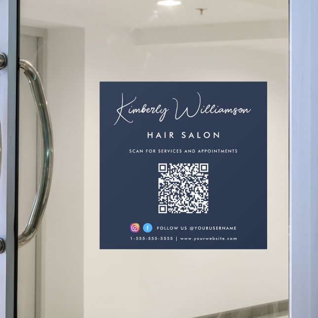 Business Name Chic Signature Script QR Code Blue Window Cling (Business Name Chic Signature Script QR Code Blue Window Cling)