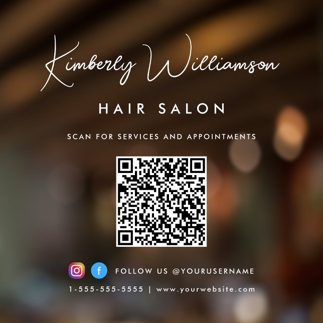 Business Name Chic Signature Script QR Code Window Cling (Elevate your business with a signature script logo, QR code and social media window cling sign)