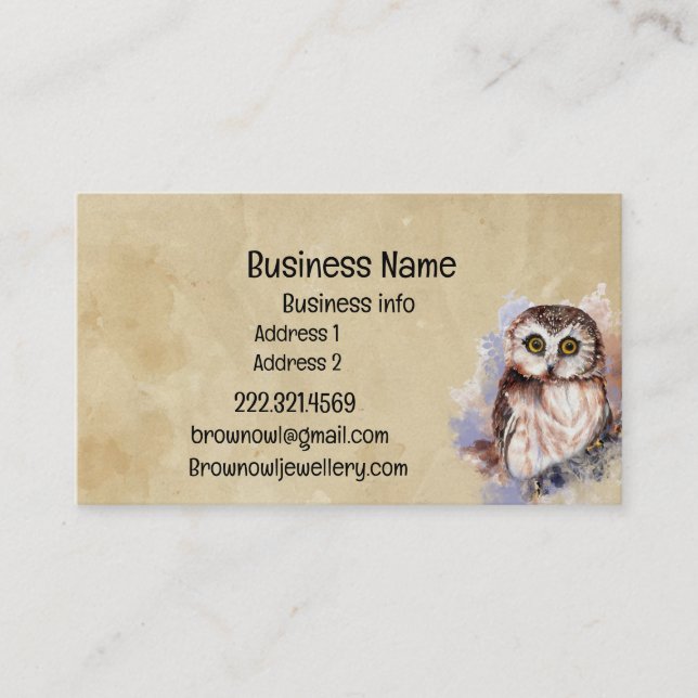 Business Name Cute Watercolor Owl Bird Wildlife  Card (Front)