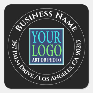 Business Name, Logo, Address, White Text on Black Square Sticker