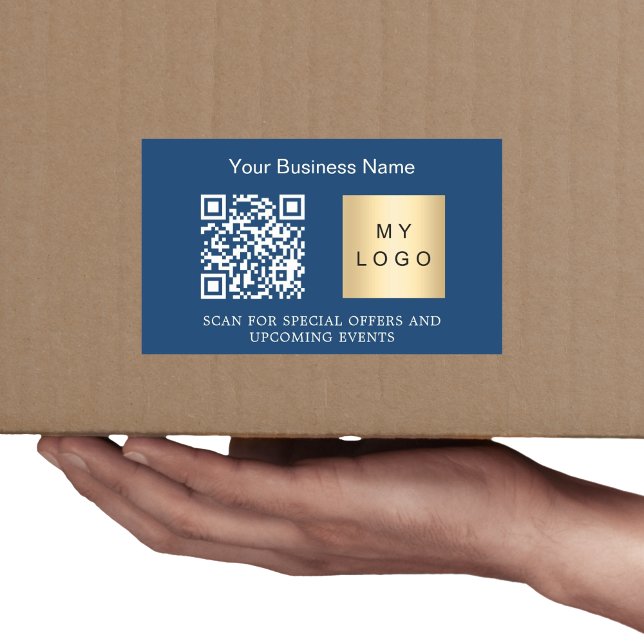 Business name logo qr code navy blue rectangular sticker (Creator Uploaded)