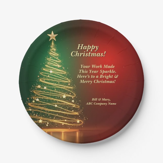 Business Name Message Green Gold Christmas Tree 7" Paper Plate (Front)