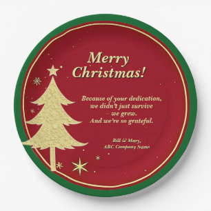 Business Name Message Red, Gold Christmas Tree 9" Paper Plate