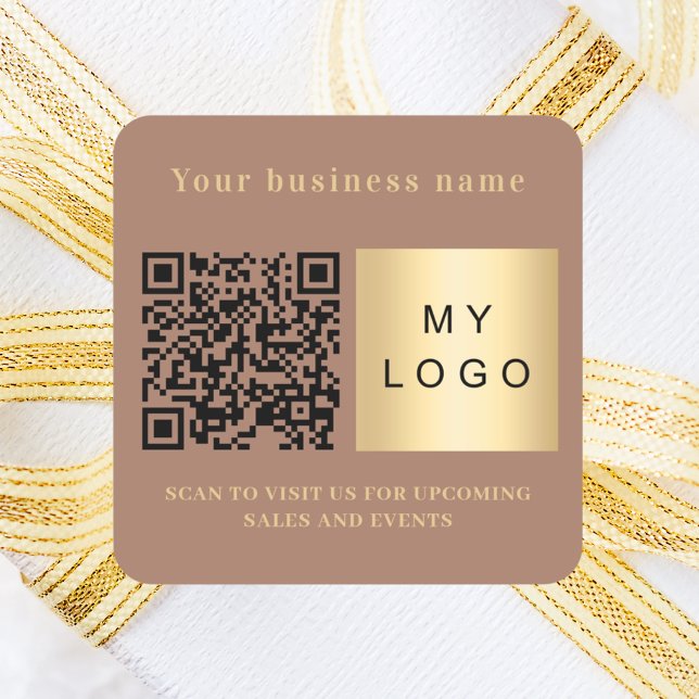 Business name mocha brown logo qr code square sticker (Creator Uploaded)