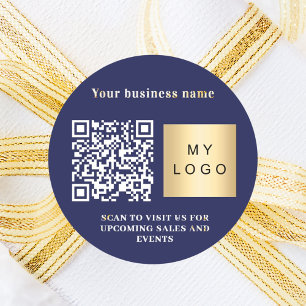 Business name navy blue logo qr code classic round sticker