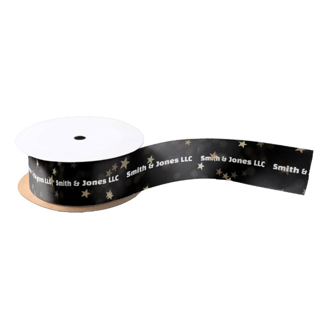 Business Name On Gold Stars and Black Satin Ribbon (Spool)
