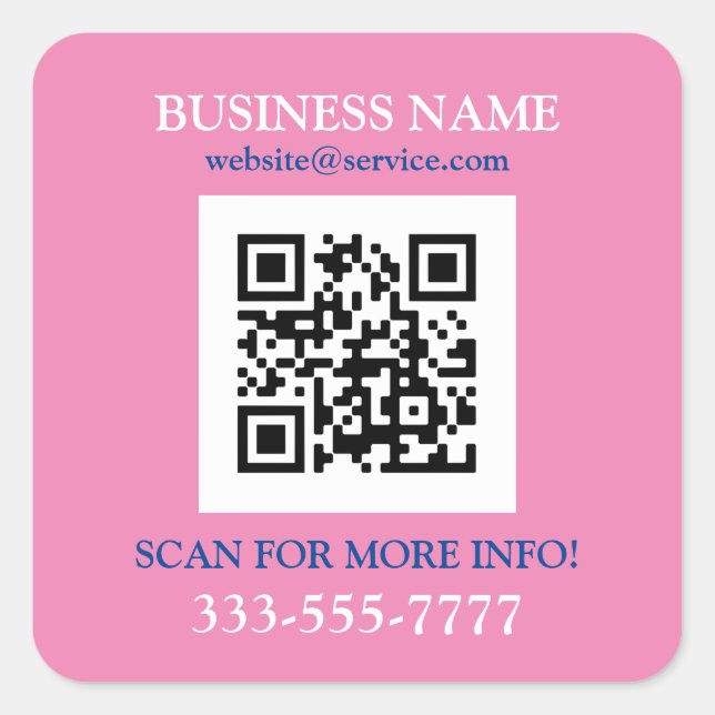 Business Name Promo, QR Code, Pink Blue White Square Sticker (Front)