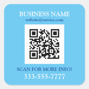 Business Name Promo, QR Code, Sky Blue & White Square Sticker