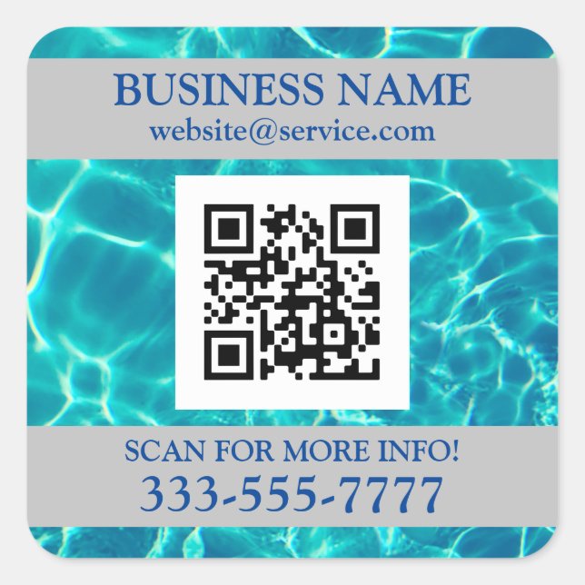 Business Name Promo, QR Code, Water, Blue Text Square Sticker (Front)