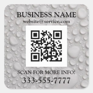 Business Name Promo, QR Code, Water Drops Square Sticker