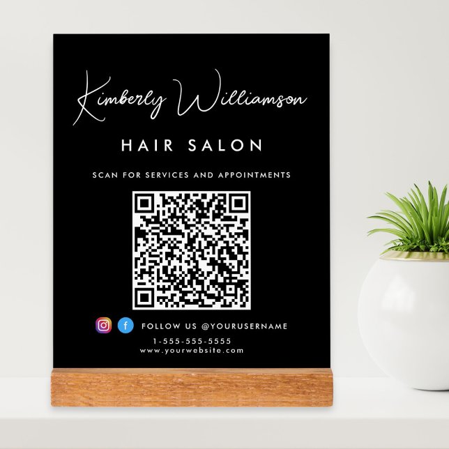 Business Name Signature Script QR Code Black Acrylic Sign (Creator Uploaded)