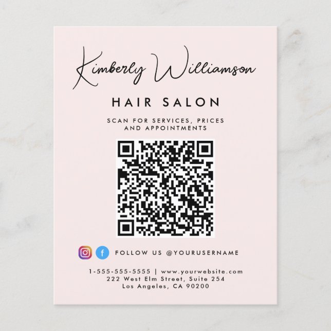 Business Name Signature Script QR Code Pink Flyer (Front)