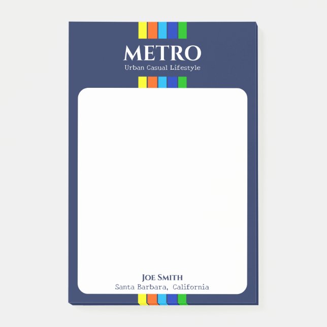 Business Name Slogan Blue Retro Modern Stripes Post-it Notes (Front)