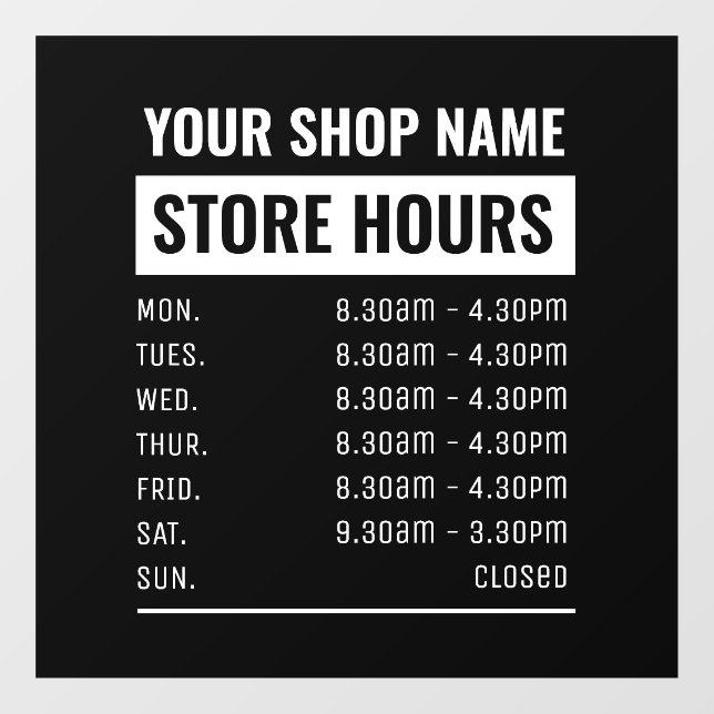 Business Name Store Hours Opening Times Window Cling (Sheet)