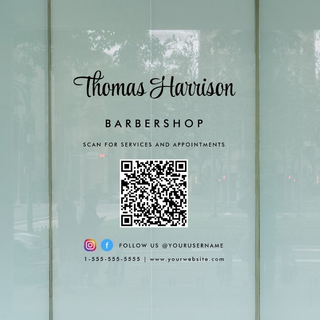 Business Name Stylish Signature Script QR Code Window Cling (Elevate your business with a custom logo, QR code and social media window cling sign)