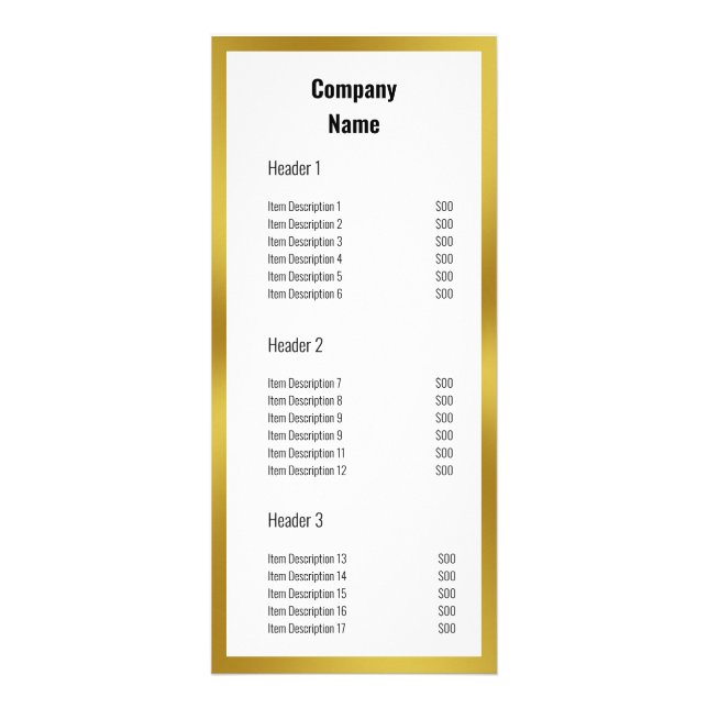 Business Name White and Faux Gold Price List Rack Card (Front)