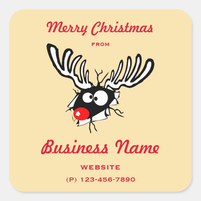 Business Name with Crazy Red Nosed Reindeer Square Sticker (Front)