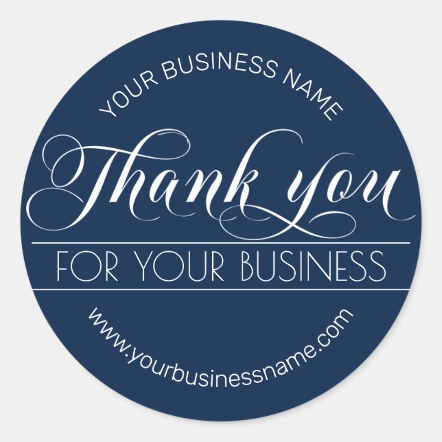 Business Navy Blue White Calligraphy Thank You Classic Round Sticker (Front)