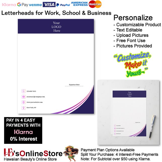 Business Navy Pink Purple Logo Brand Signature Custom Letterhead (Business Navy Pink Purple Logo Brand Name Letterhead.)