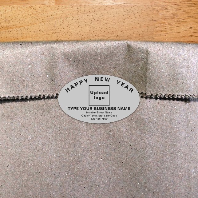 Business New Year Grey Oval Sticker (New Year greeting with your business brand on gray oval shape sticker.)