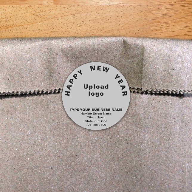 Business New Year Grey Round Sticker (New Year greeting with your business brand on gray round shape sticker.)