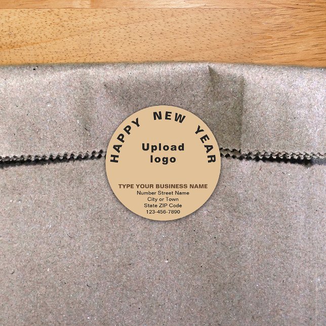 Business New Year Light Brown Round Sticker (New Year greeting with your business brand on light brown round shape sticker.)
