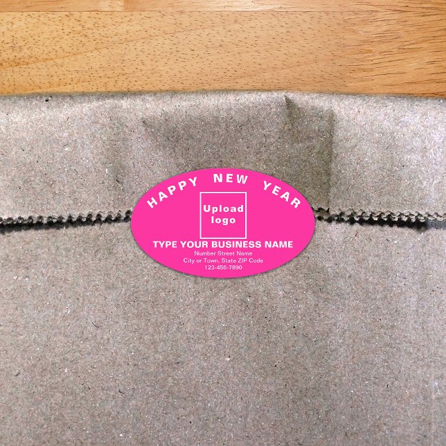 Business New Year Pink Oval Sticker (New Year greeting with your business brand on pink oval shape sticker.)