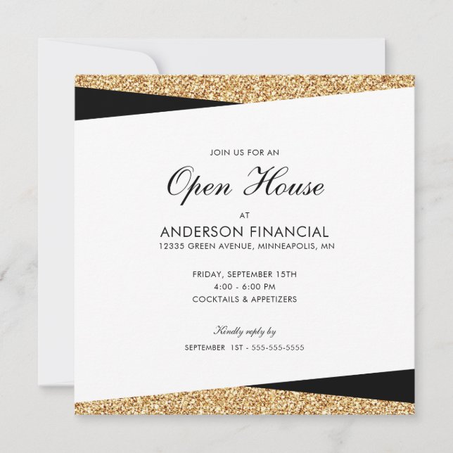 Business Open House Black and Gold Glitter Invitation (Front)