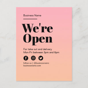 Business Open Sign Pink Orange Sunset Gradient Announcement Postcard