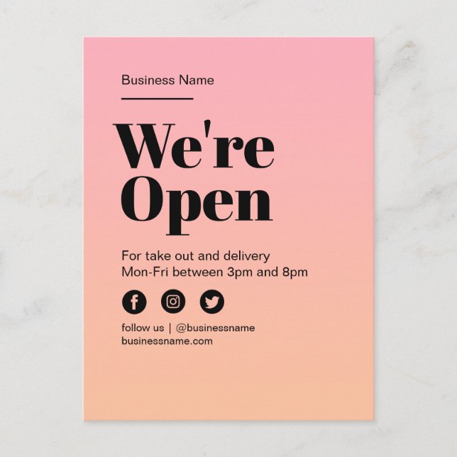 Business Open Sign Pink Orange Sunset Gradient Announcement Postcard (Front)