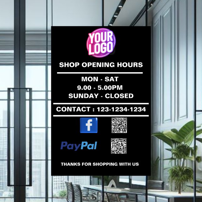 Business Opening Hour with Facebook PayPal QR Code Window Cling (Creator Uploaded)