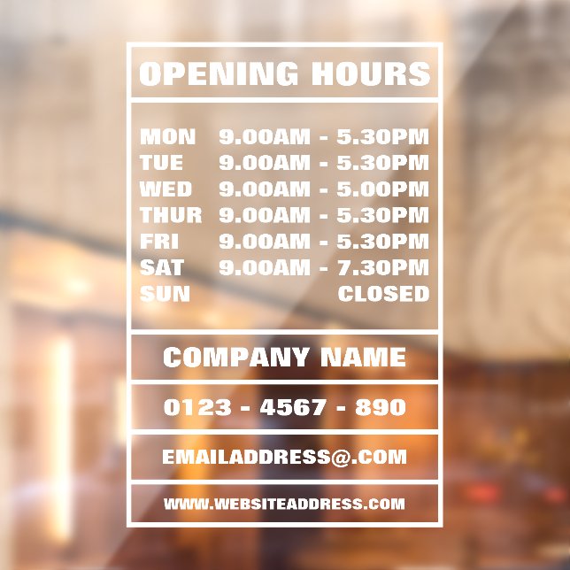 Business Opening Hours and Information Window Cling (Sheet 2)