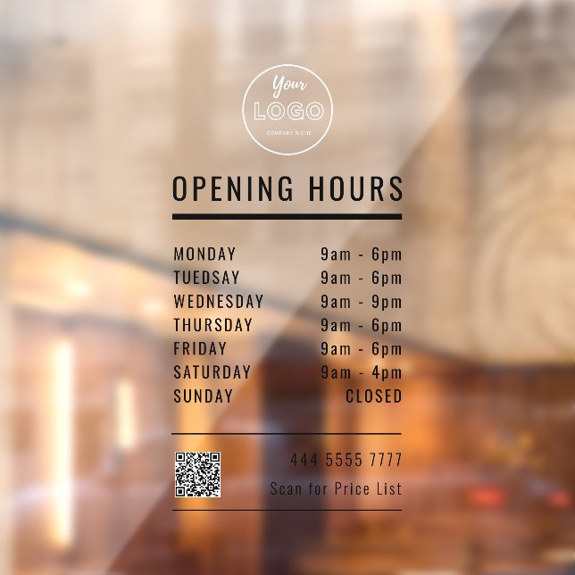 Business Opening Hours Black with Logo dan QR code Window Cling (Sheet 2)