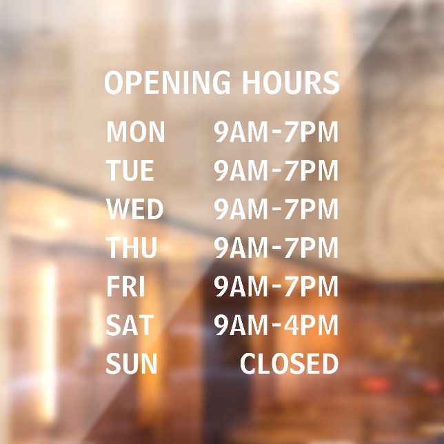 Business Opening Hours Custom Window Cling (Sheet 2)