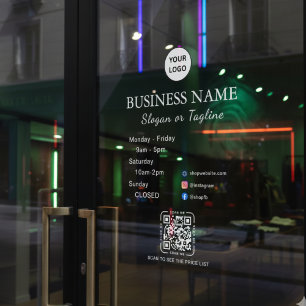Business Opening Hours Modern Script & Qr, Social  Window Cling