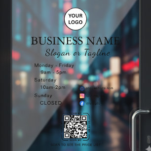 Business Opening Hours Modern Script & Qr, Social  Window Cling
