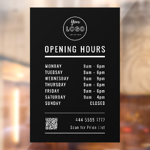 Business Opening Hours on Black with Logo QR Code Window Cling