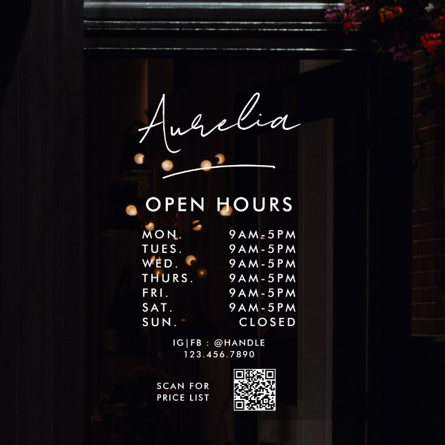 Business Opening Hours Signature Logo QR Code Window Cling (Creator Uploaded)