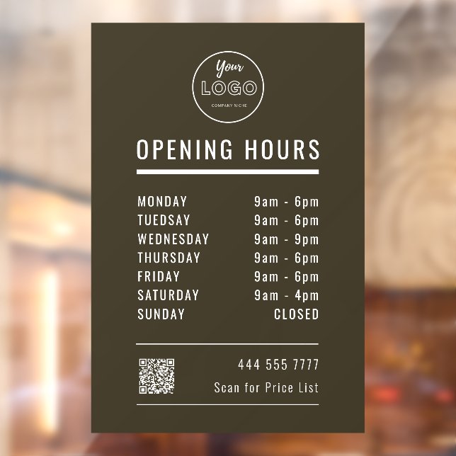 Business Opening Hours with Logo QR Code Brown Window Cling (Sheet 2)