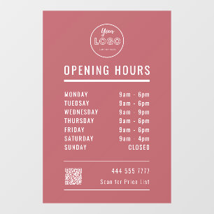 Business Opening Hours with Logo QR Code Dusty Red Window Cling