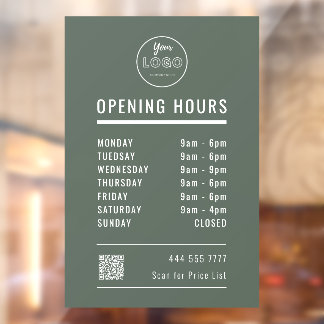 Business Opening Hours with Logo QR Code Green Window Cling