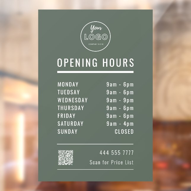 Business Opening Hours with Logo QR Code Green Window Cling (Sheet 2)