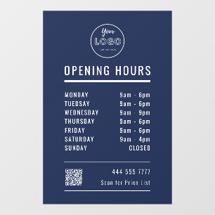 Business Opening Hours with Logo QR Code Navy Blue Window Cling