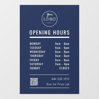 Business Opening Hours with Logo QR Code Navy Blue Window Cling