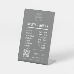 Business Opening Hours with Logo QR Code on Gray Pedestal Sign