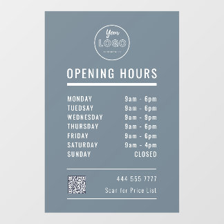 Business Opening Hours with Logo QRCode Dusty Blue Window Cling