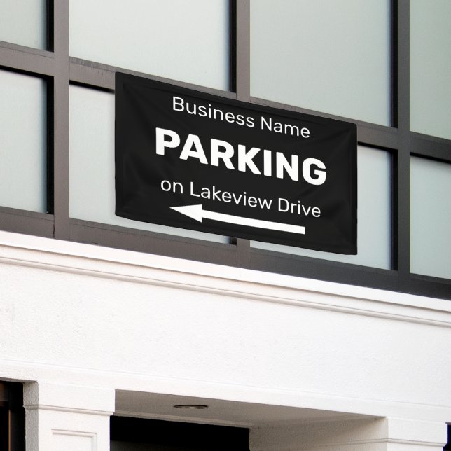 Business Parking Directional with Left Arrow Black Banner (Outside Building)