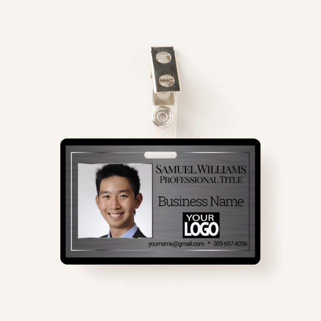 Business Photo Badge - Black Brush Steel ID Badge (Front with Clip)